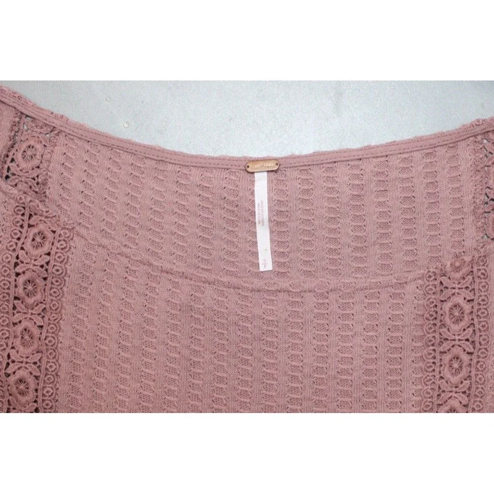 Free People Womens Waffle Knit Lace Crop Top Pink Boho‎ Long Sleeve Textured S